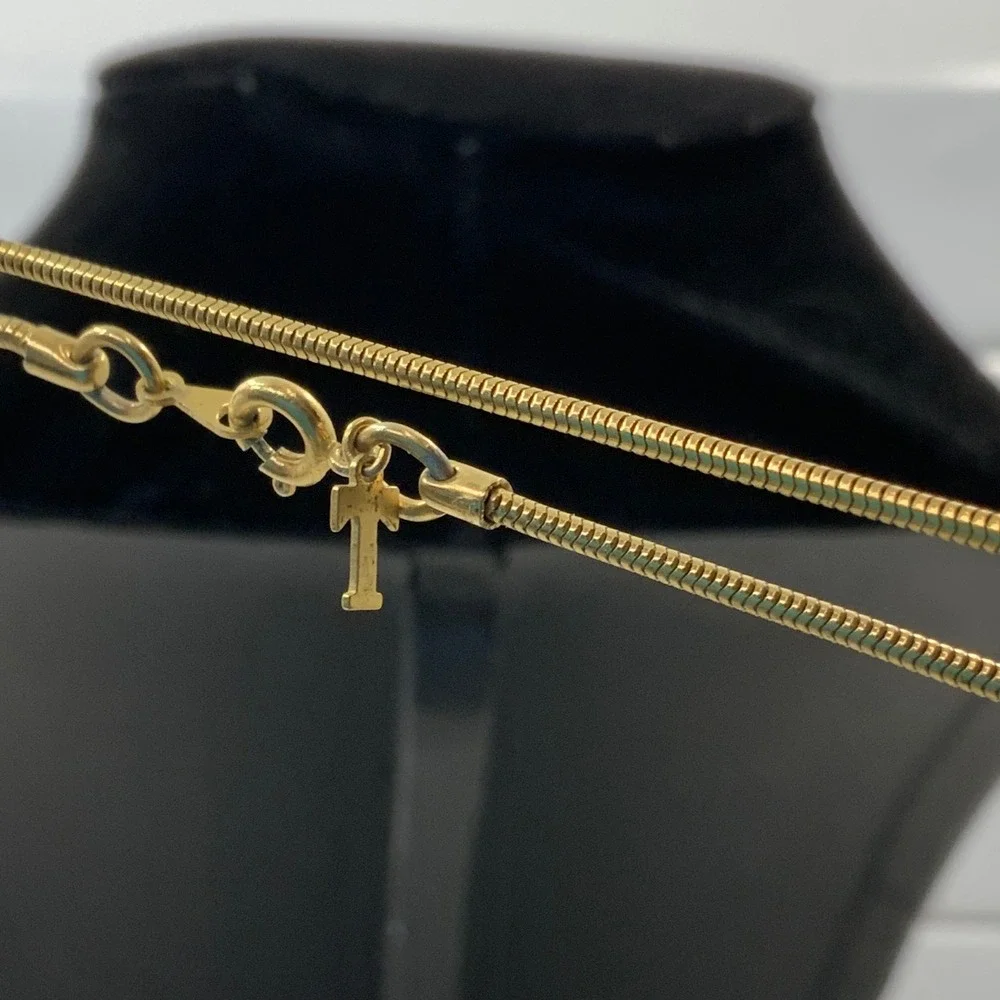 Trifari Vintage Gold Tone Snake Chain Necklace 23 Inch Round Link T Logo Charm